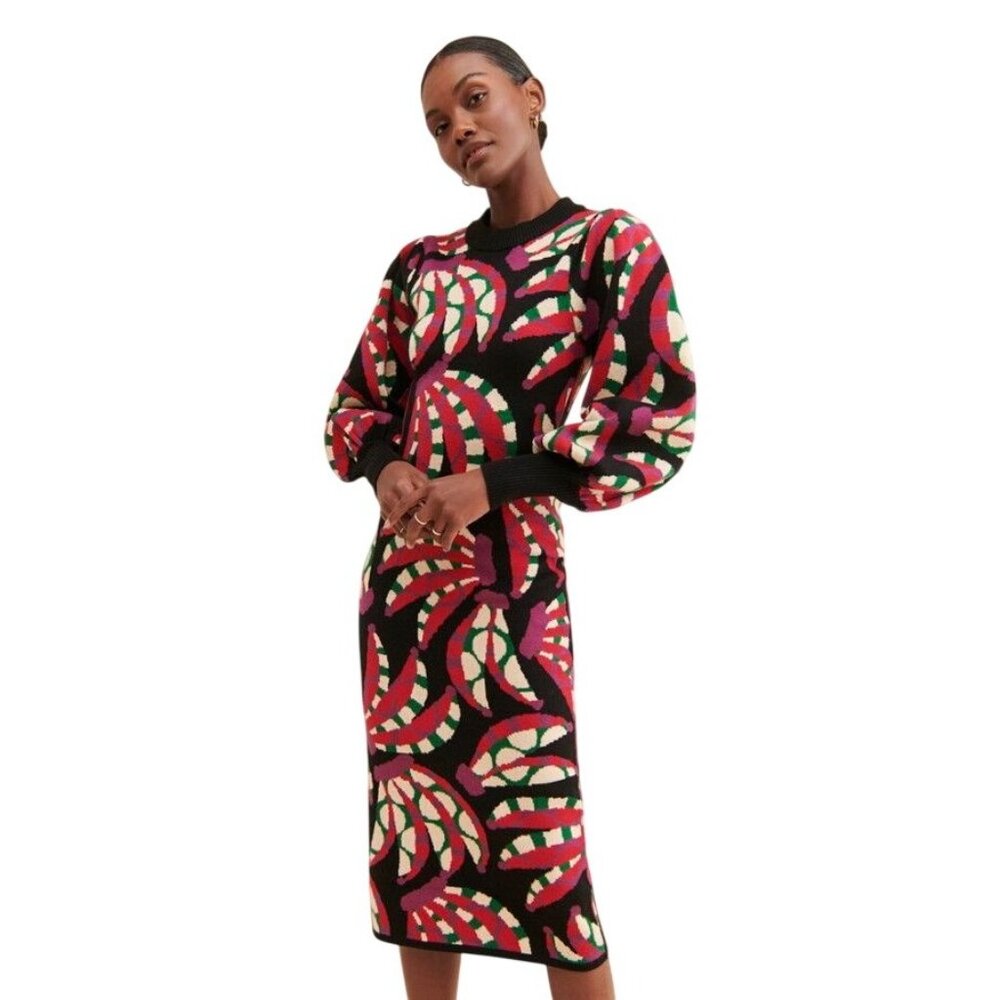 Farm Rio Banana Dots Knit Sweater Midi Dress Womens Size M Dopamine Novelty